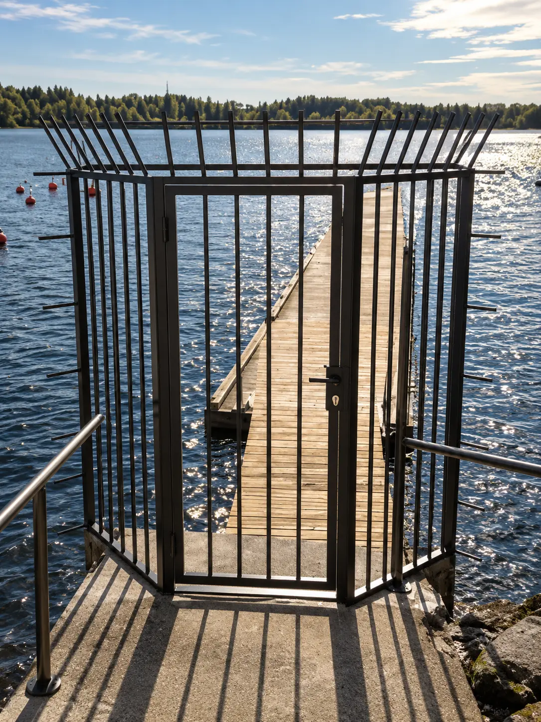 Svart grind med spjutspetsar vid brygga i Stockholm