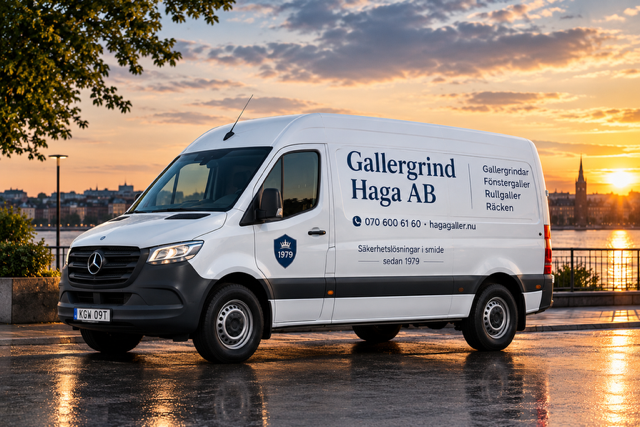 Servicebil från Gallergrind Haga AB vid kajen i Stockholm – gallergrindar, fönstergaller, räcken och rulljalusier