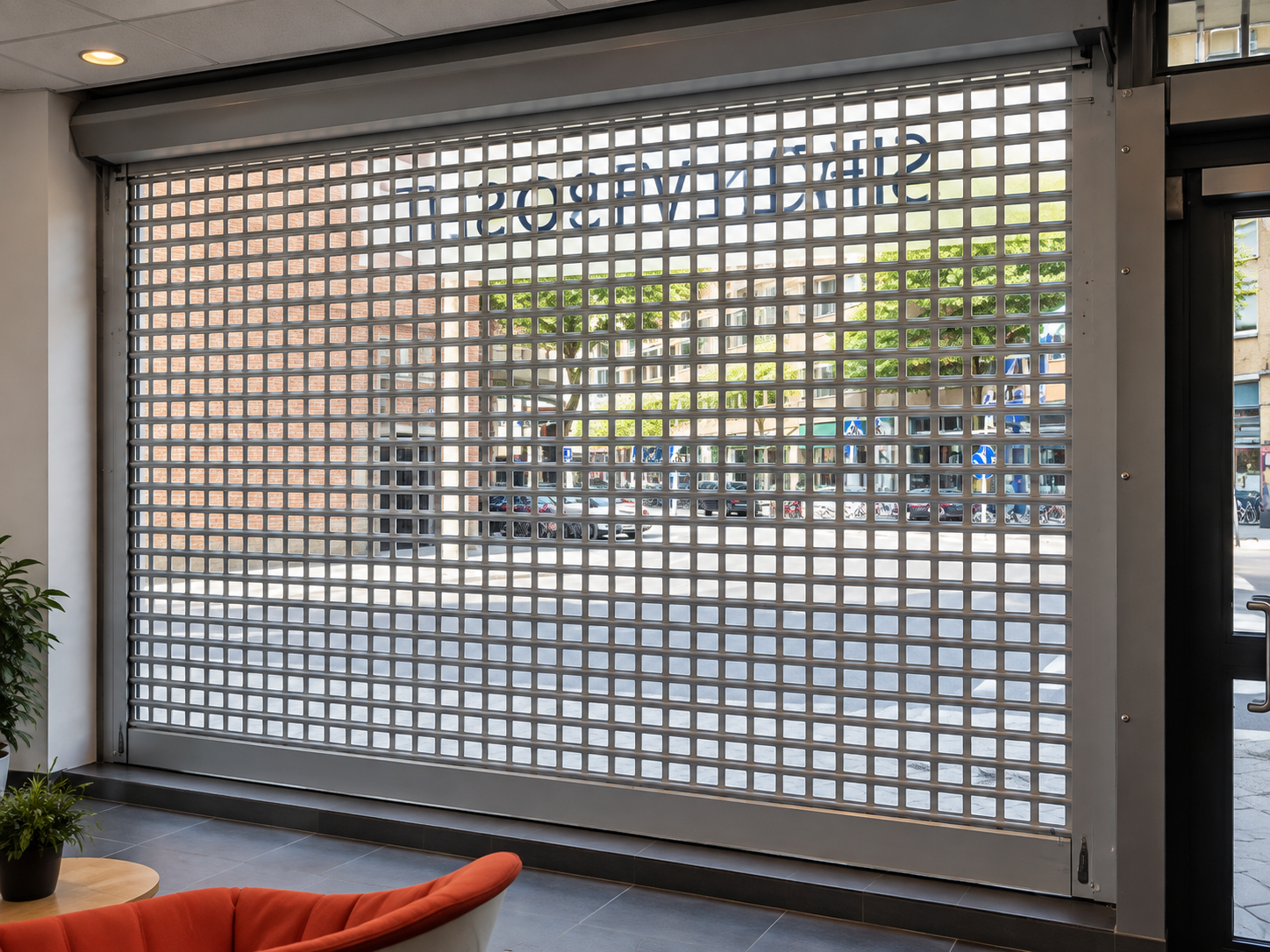 Silverfärgad rulljalusi med rutmönster i butiksentré i Stockholm