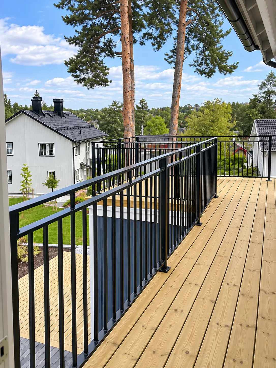 Svart räcke runt träaltan i villaområde i Stockholm