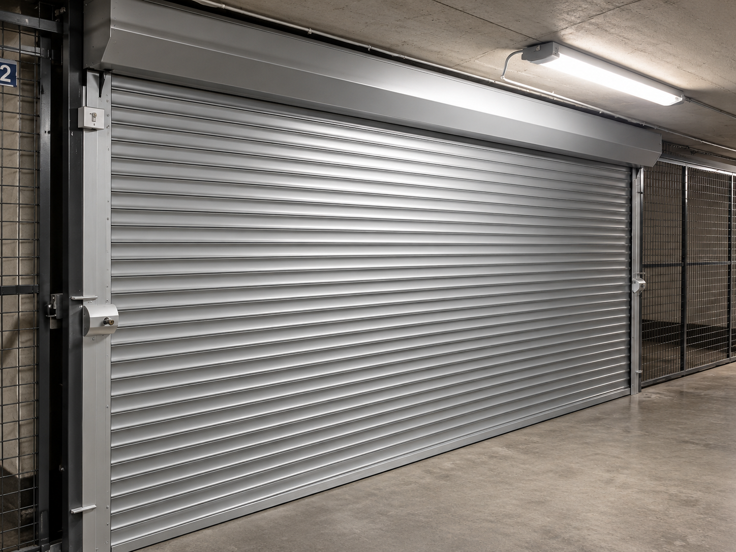 Silverfärgad rulljalusi monterad i garage i Stockholm