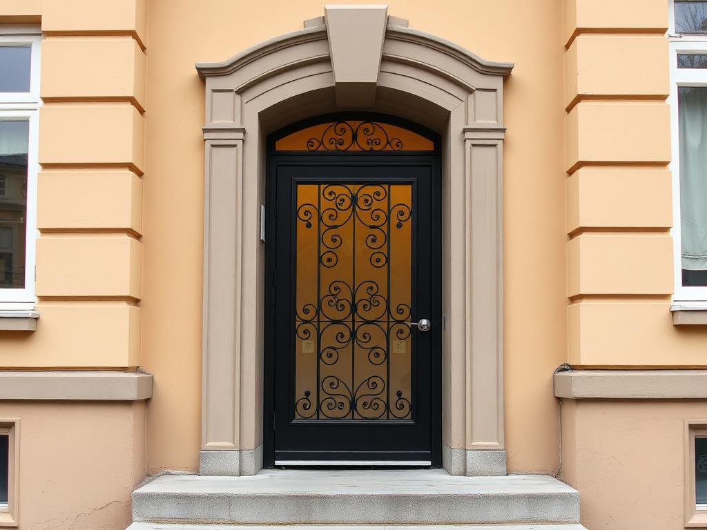 Svartlackerad gallerdörr med dekorativt smide monterad i portuppgång i Vasastan, Stockholm