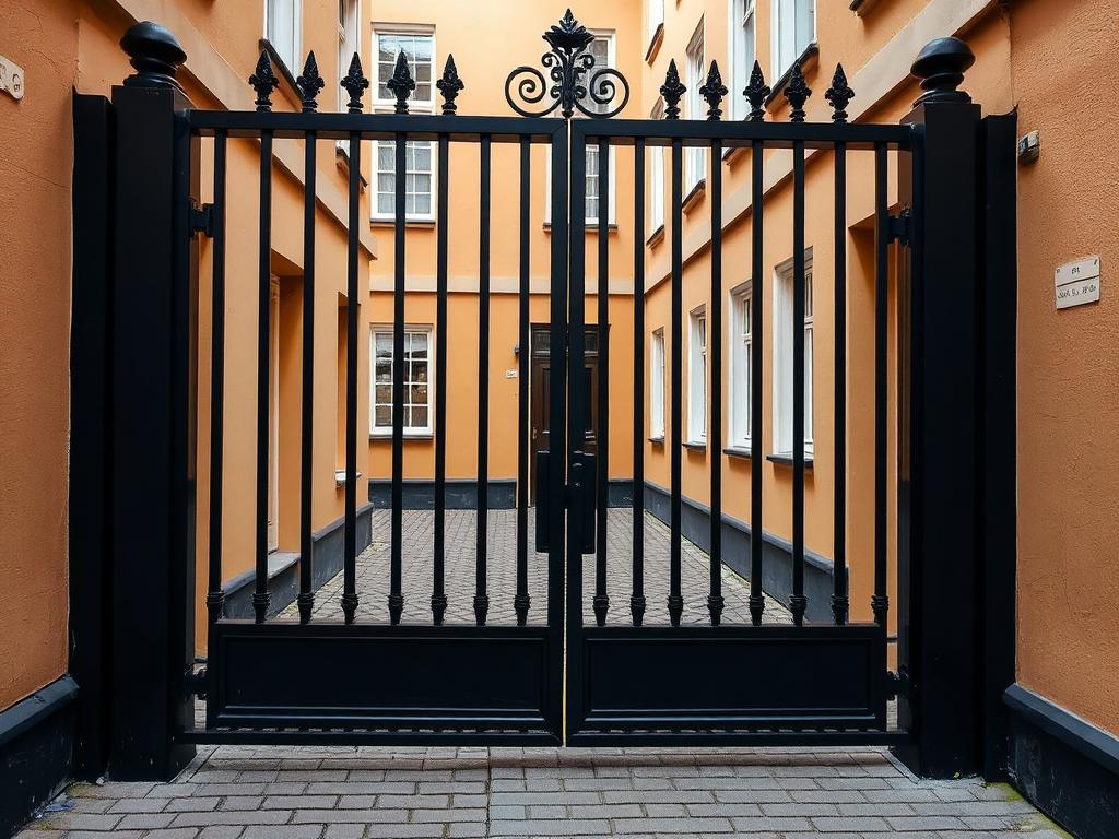 Ny svart pulverlackerad gårdsport med smidd krön monterad på innergård på Södermalm i Stockholm