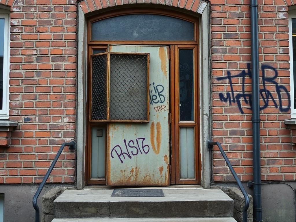Sliten portuppgång i Vasastan med rostig plåtdörr före montering av gallerdörr