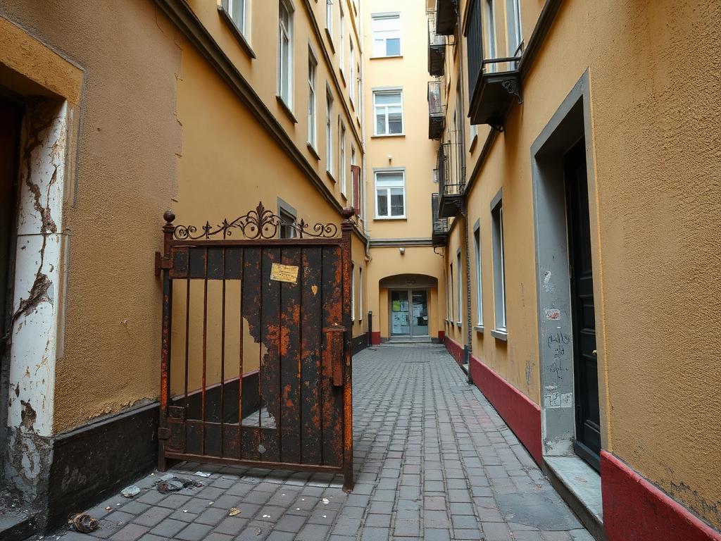 Rostig och skev gammal gårdsport på innergård i Stockholm före byte